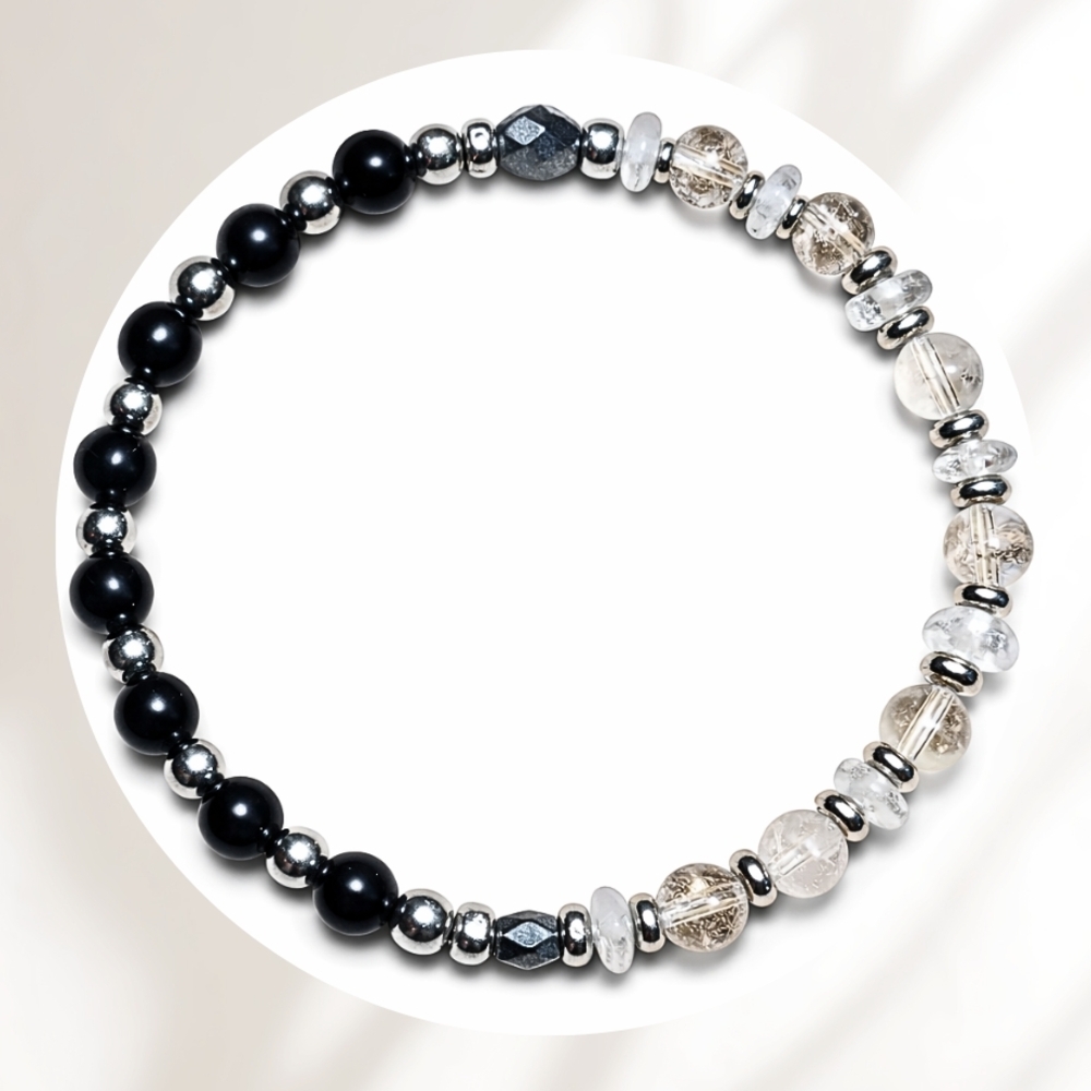 Elegant Silver GENUINE clear Quartz and Black Tourmaline Bracelet